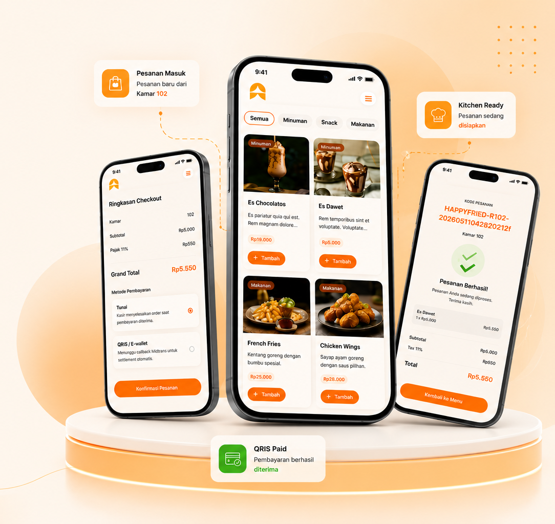 Detail fitur Archana App dengan tampilan menu, checkout, dan status pesanan