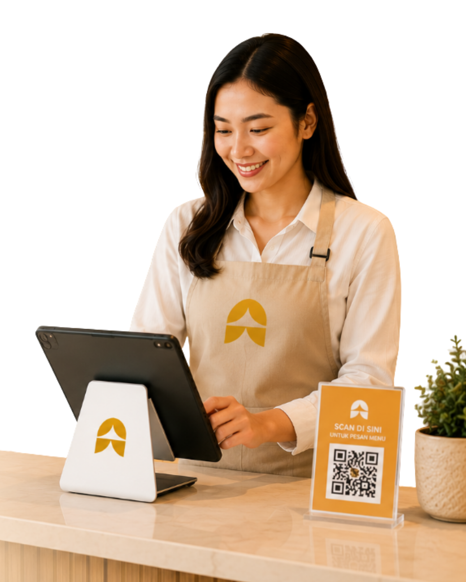 Staf Archana App menggunakan tablet untuk menerima pesanan QR